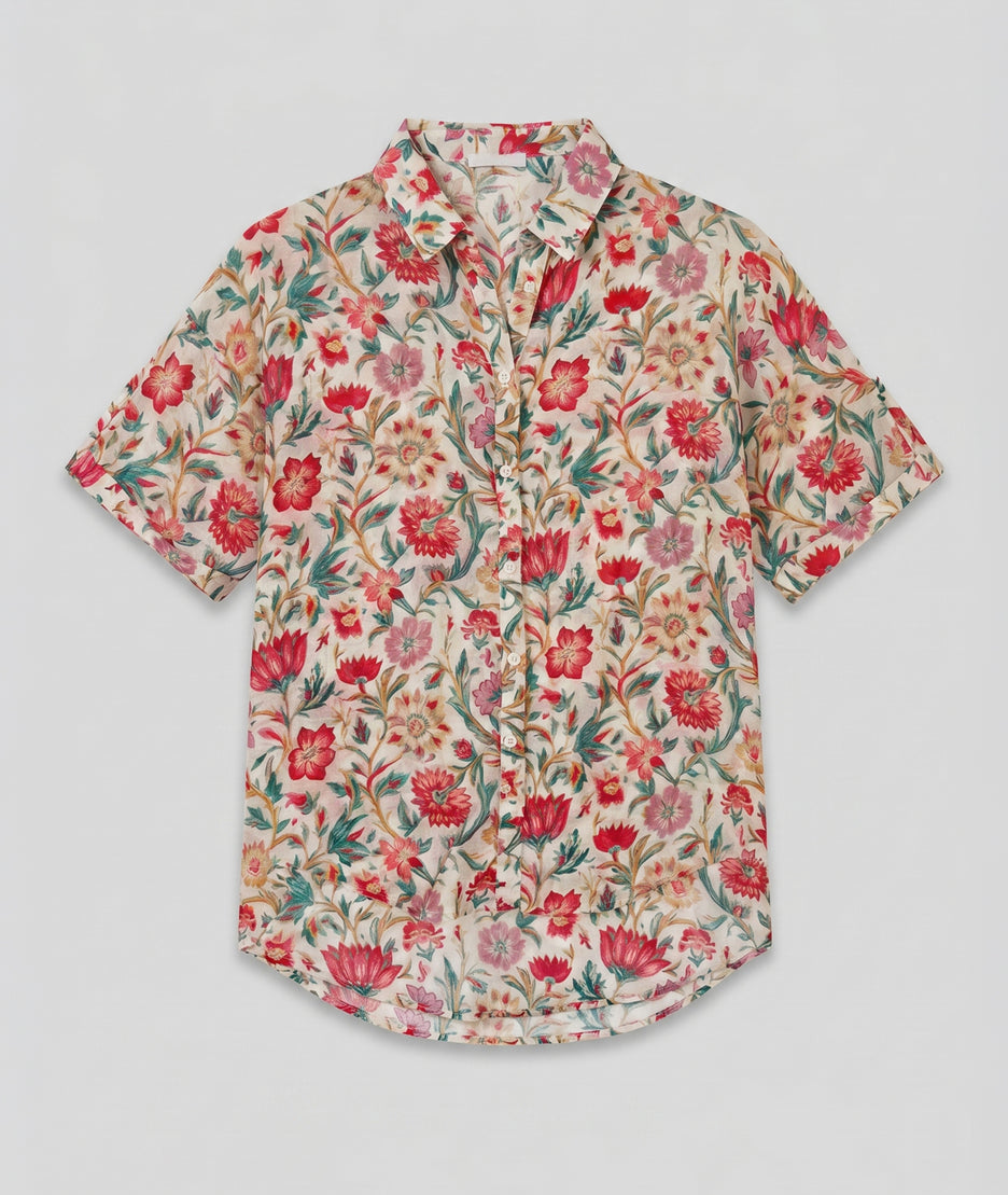 Chemise Florane fleurie manches courtes légère - rouge