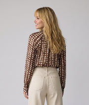 Blouse fluide femme choco à pois avec col mao volanté et lurex doré