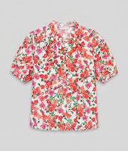 Chemise Lorie fleurie col froncé manches bouffantes - rouge
