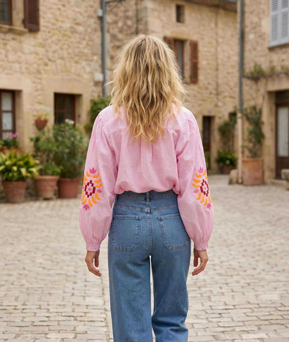 Chemise Niva à rayures avec broderies colorées dos