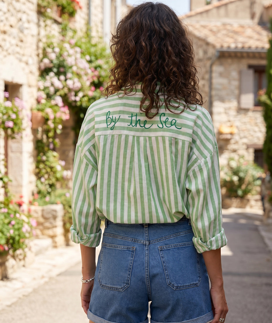 Chemise Noumea verte rayures vert sauge boutons nacrés face arrière- Carnaby
