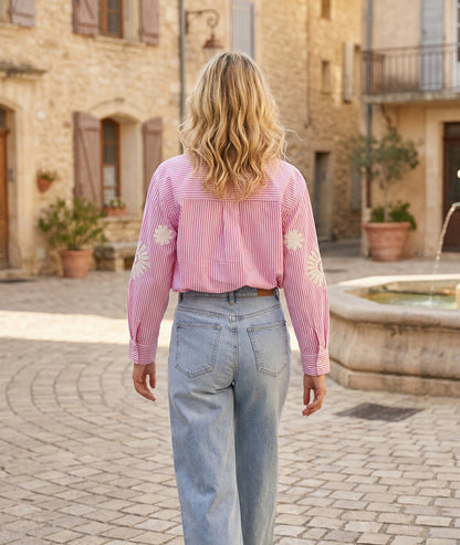 Chemise Rayflo à rayures avec broderies rose dos