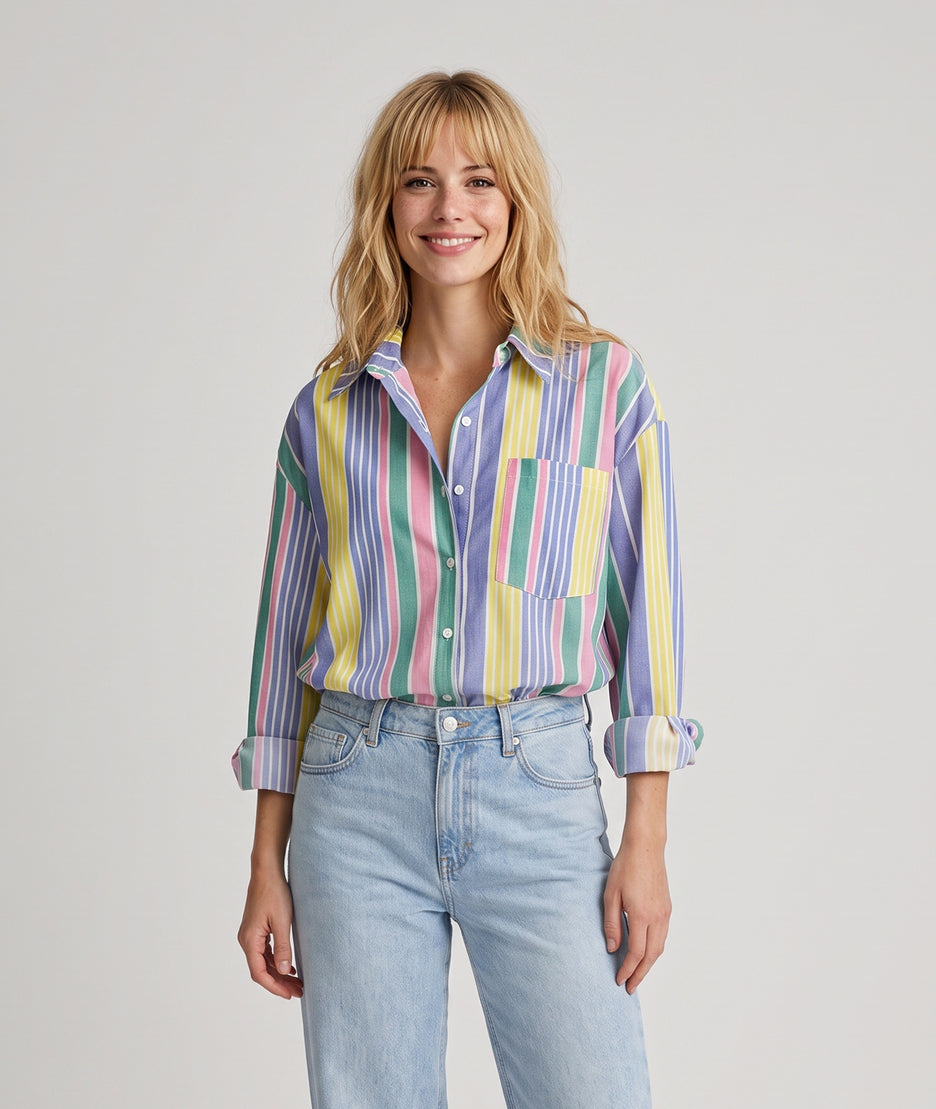 Chemise Raymu multicolore à rayures portée de face — look quotidien Carnaby
