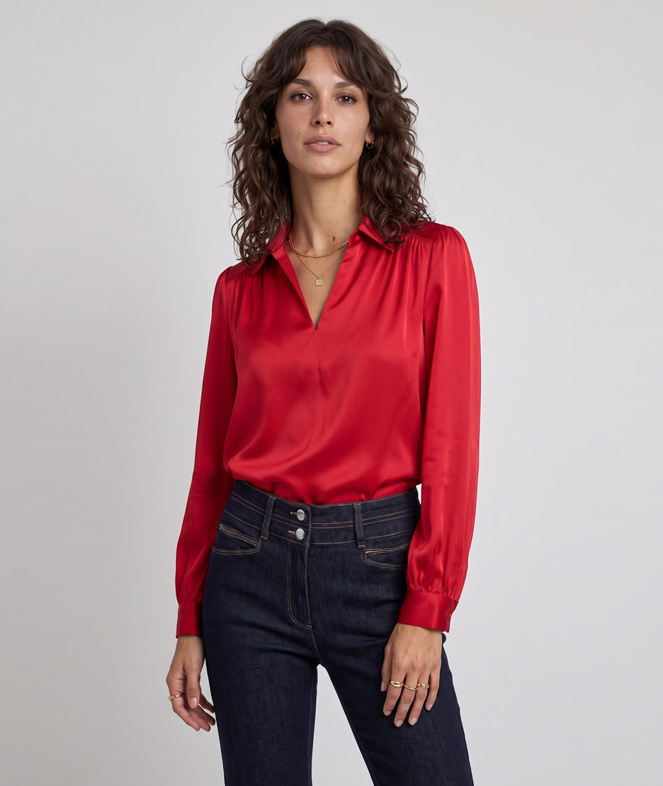 Blouse en satin femme Solia rouge vue de face