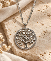 Collier sautoir pendentif Arbre de vie argenté