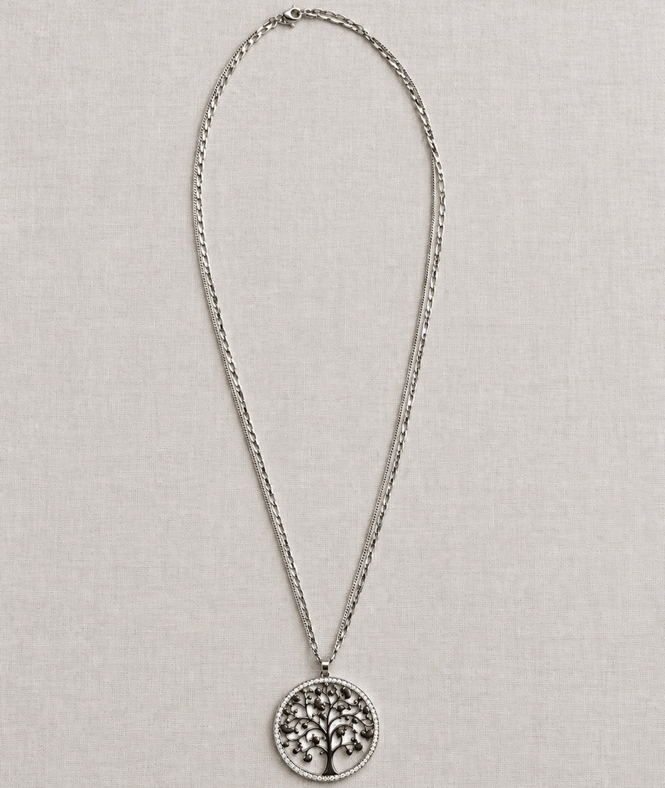 Collier sautoir pendentif Arbre de vie argenté