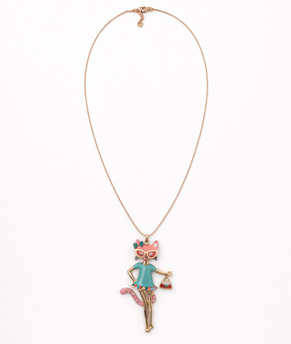 Collier sautoir pendentif Chat jaune face