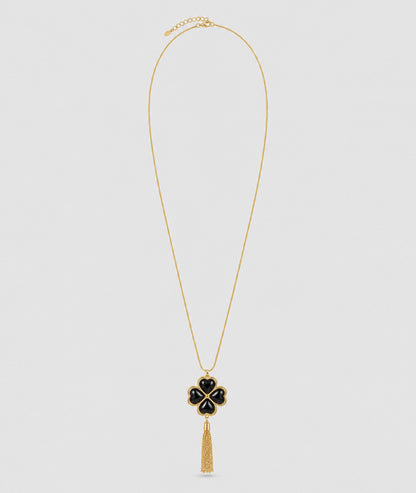 Collier Trèfle doré sautoir avec pendentif noir et franges — marque Carnaby