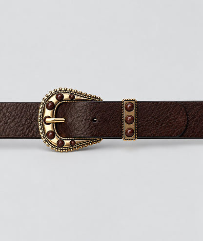 Ceinture style western femme choco avec boucle dorée et pierres