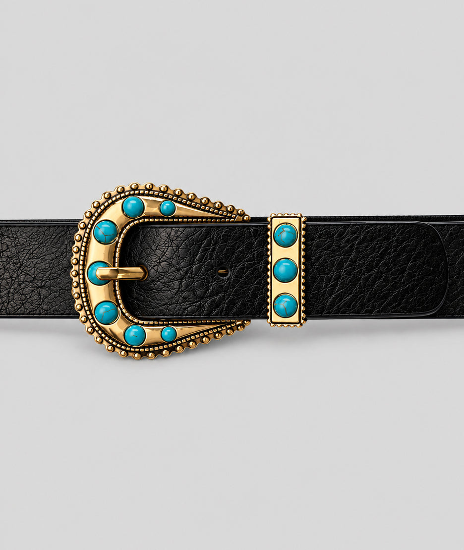 Ceinture style western femme noir avec boucle dorée et pierres