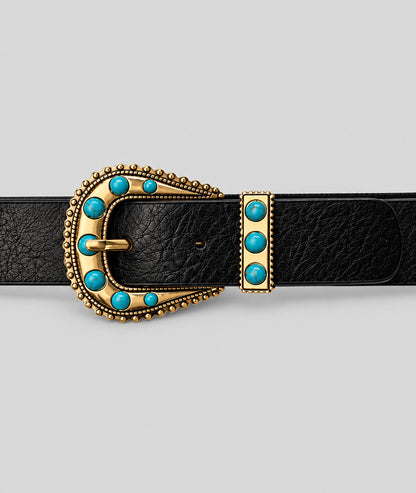 Ceinture style western femme noir avec boucle dorée et pierres