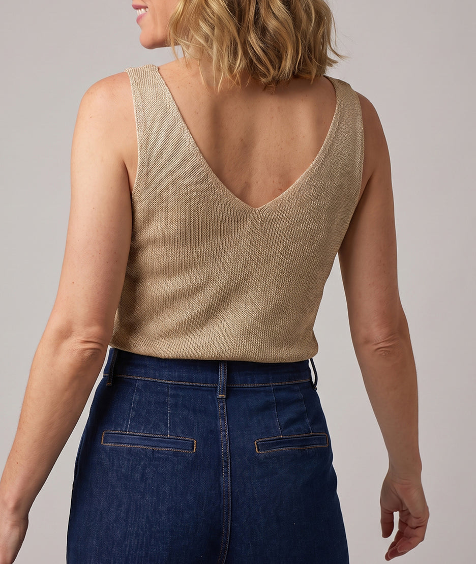 Débardeur Donna écru en maille pailletée avec col en V — marque Carnaby