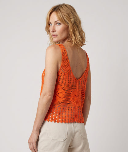 Débardeur Elia orange en maille ajourée dos — marque Carnaby