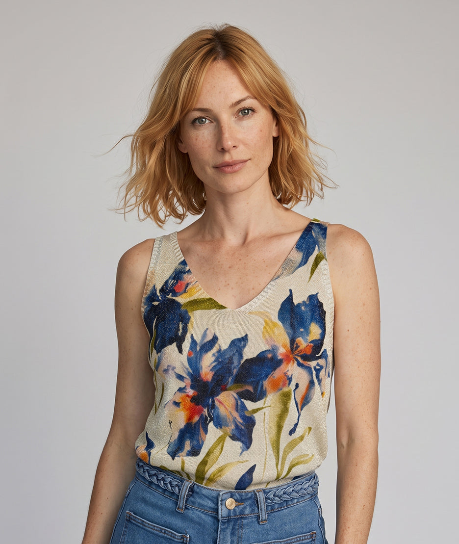 Débardeur Flore pailleté motif fleurs - bleu