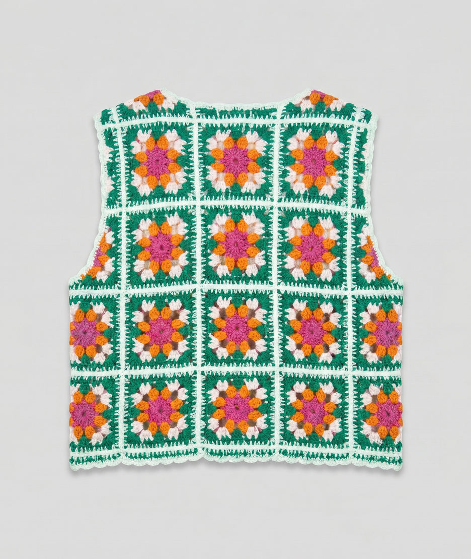 Débardeur Lili vert granny squares fleurs soleil emmanchures crochet dos fond blanc arrière Carnaby
