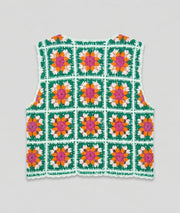 Débardeur Lili vert granny squares fleurs soleil emmanchures crochet dos fond blanc arrière Carnaby