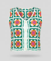 Débardeur Lili vert granny squares fleurs soleil emmanchures crochet dos fond blanc avant Carnaby
