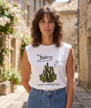 Débardeur Lison écru illustration cactus strass dorés épaulettes face avant - Carnaby