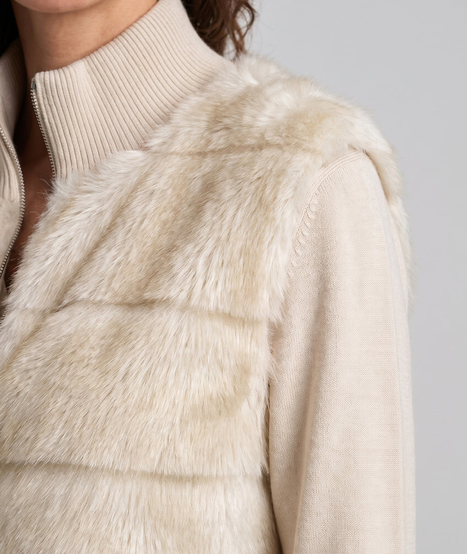 Gilet Brenda beige en maille et fausse fourrure femme