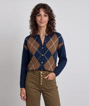 Cardigan losange femme Briana bleu canard à motif argyle camel et boutons dorés
