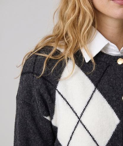 Gilet bi-matière maille et jean femme noir à boutons dorés