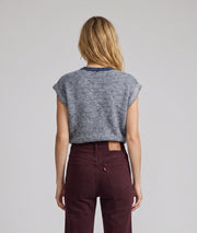 Gilet sans manches rayé femme en maille indigo à col V et boutons métalliques