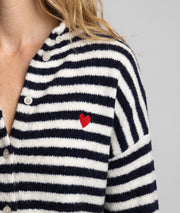 Gilet en maille femme à rayures marine écru et broderie cœur