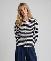 Gilet en maille femme à rayures marine écru et broderie cœur