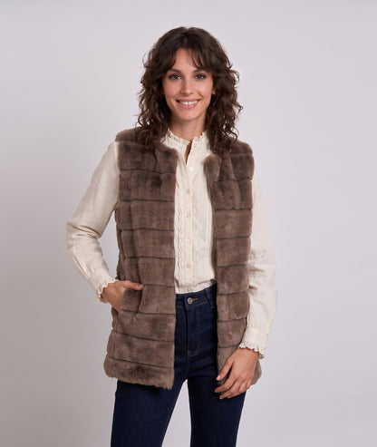 Gilet sans manches long en fausse fourrure taupe femme