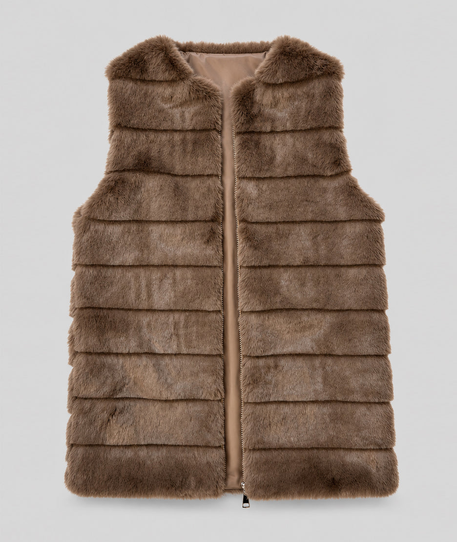 Gilet sans manches long en fausse fourrure taupe femme