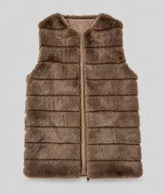 Gilet sans manches long en fausse fourrure taupe femme