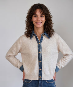 Gilet bi-matière maille et jean femme beige à boutons dorés