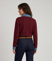 Gilet manches longues femme bordeaux avec col et poignets en jean délavé