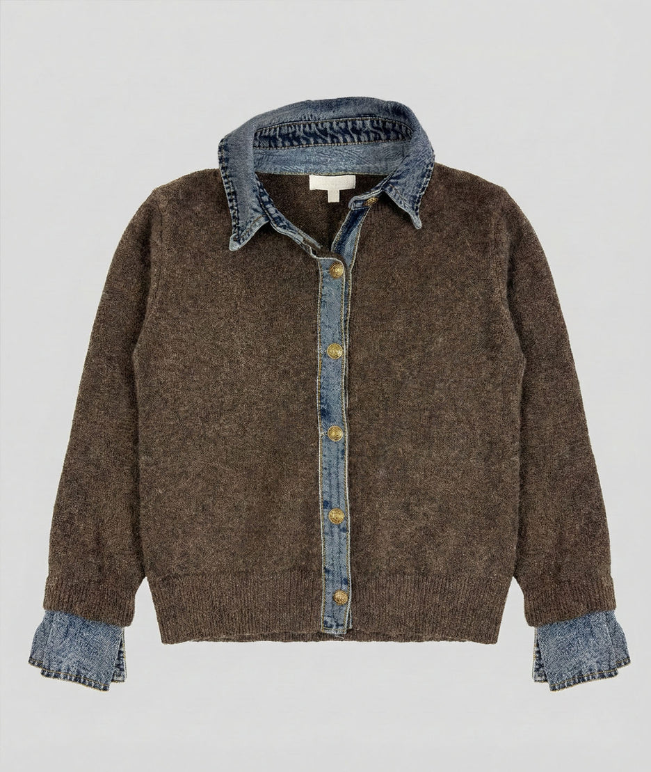 Gilet chemise en jean marron avant fond gris