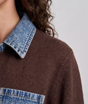 Cardigan bi-matière femme maille choco et jean avec poche poitrine