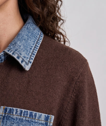 Cardigan bi-matière femme maille choco et jean avec poche poitrine