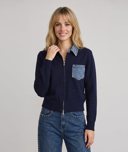 Cardigan bi-matière femme maille marine et jean avec poche poitrine