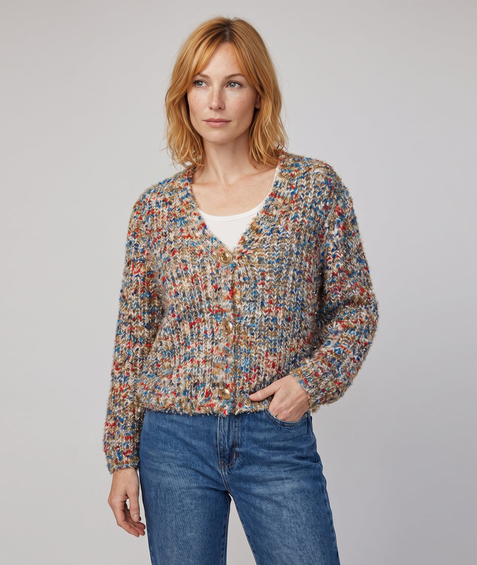 Gilet en maille femme multicolore bleu avec fils lurex et boutons dorés
