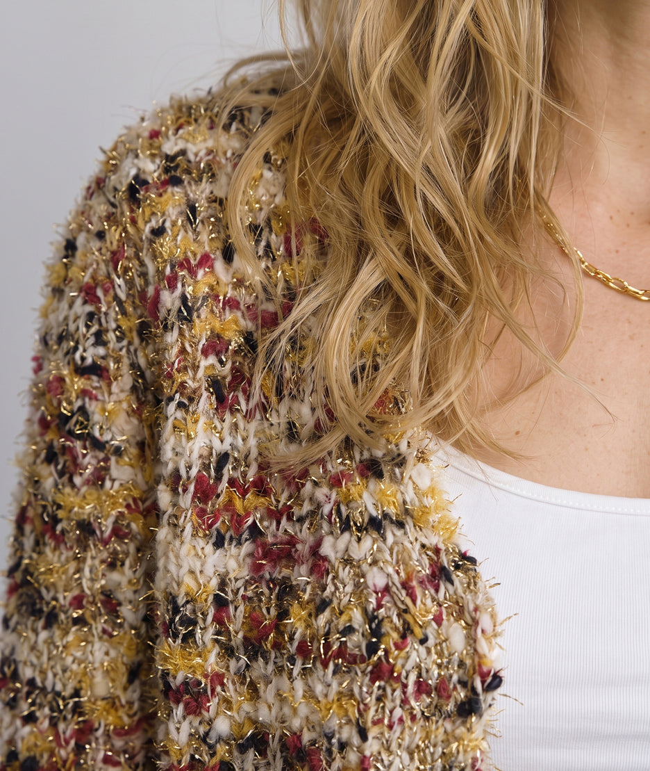 Gilet en maille femme multicolore bleu avec fils lurex et boutons dorés