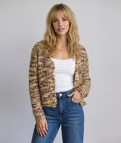 Gilet en maille femme multicolore ocre avec fils lurex et boutons dorés