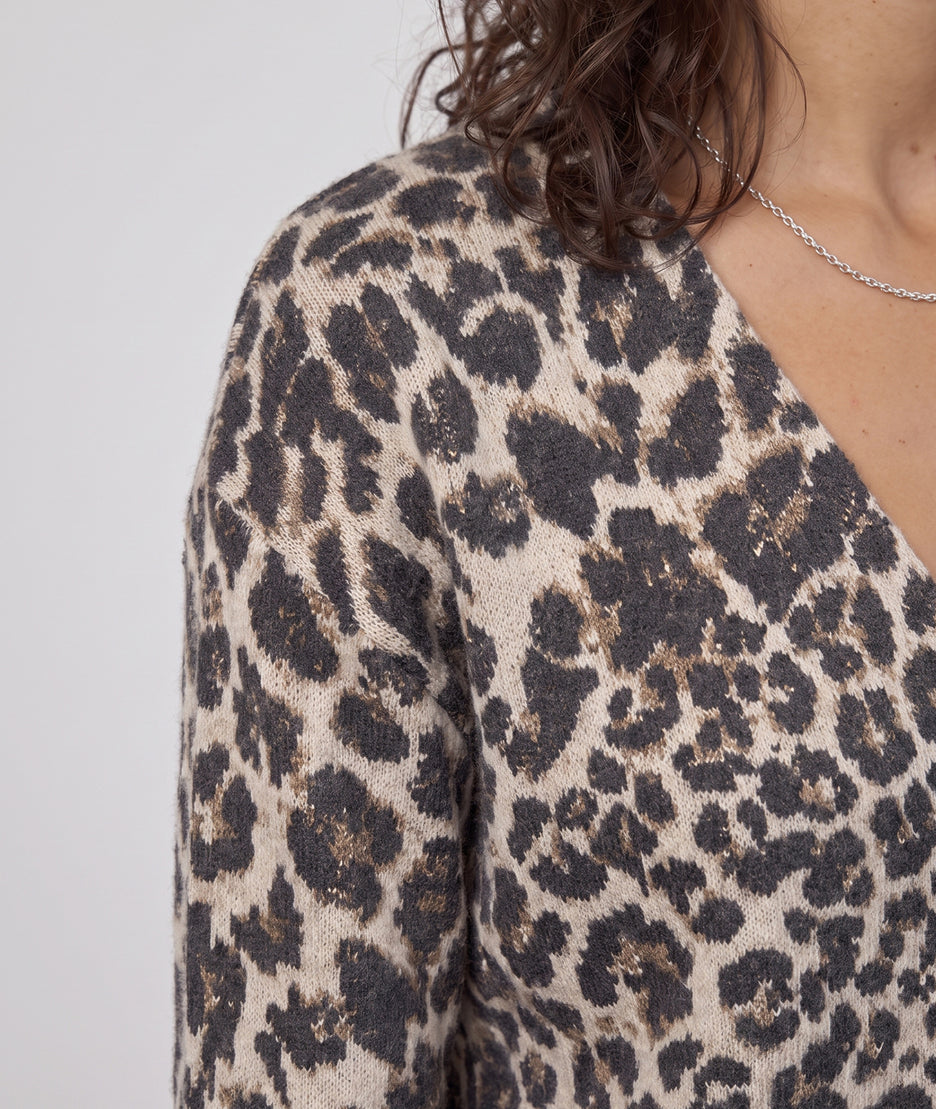 Gilet pailleté femme beige à motif léopard en maille