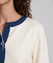 Gilet bi-matière femme Romane écru en maille et jean vue de face