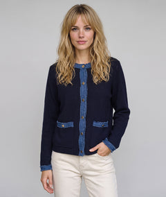 Gilet bi-matière femme Romane marine en maille et jean vue de face