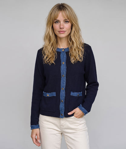 Gilet bi-matière femme Romane marine en maille et jean vue de face