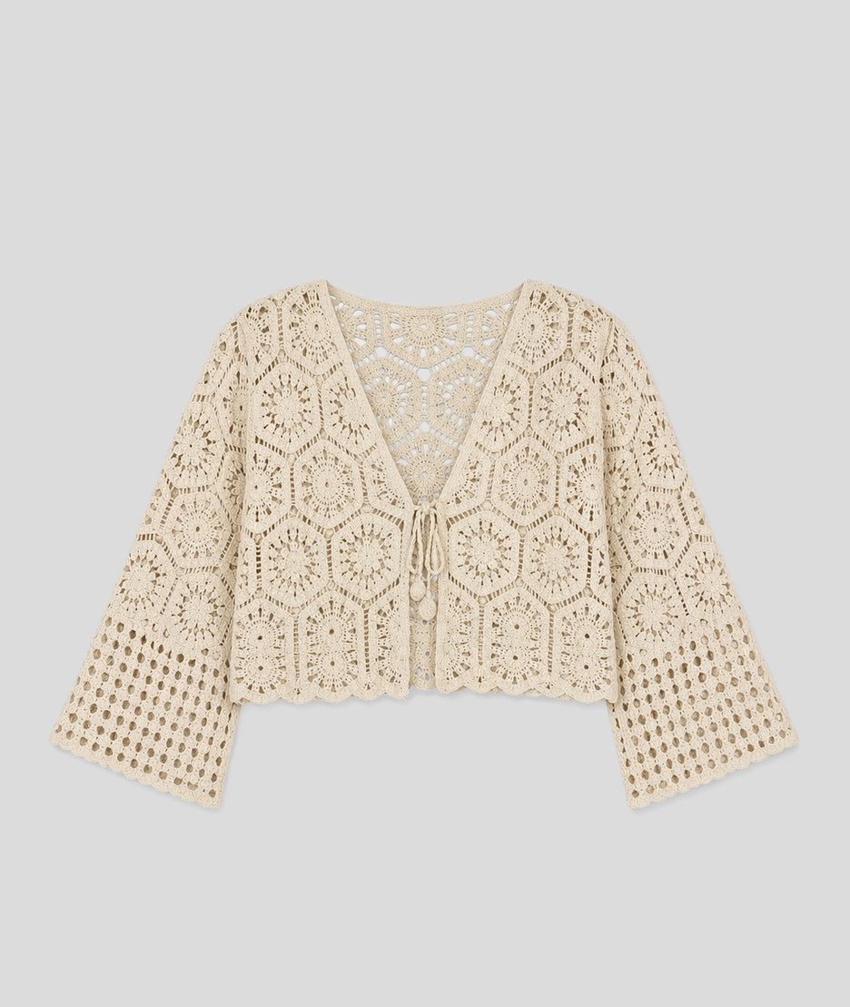 Gilet Sabine en maille ajourée beige face