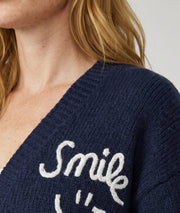 Gilet en maille femme Smily marine avec broderies smiley et manches longues