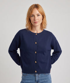 Gilet femme Teddyml marine en maille avec boutons fantaisie dorés face avant
