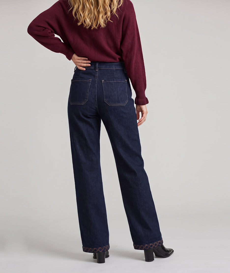 Jean brut femme wide leg avec poches carrées brodées