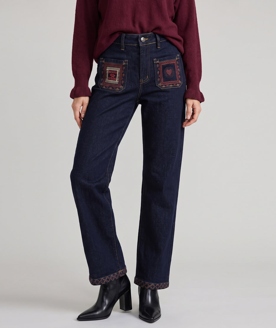 Jean brut femme wide leg avec poches carrées brodées