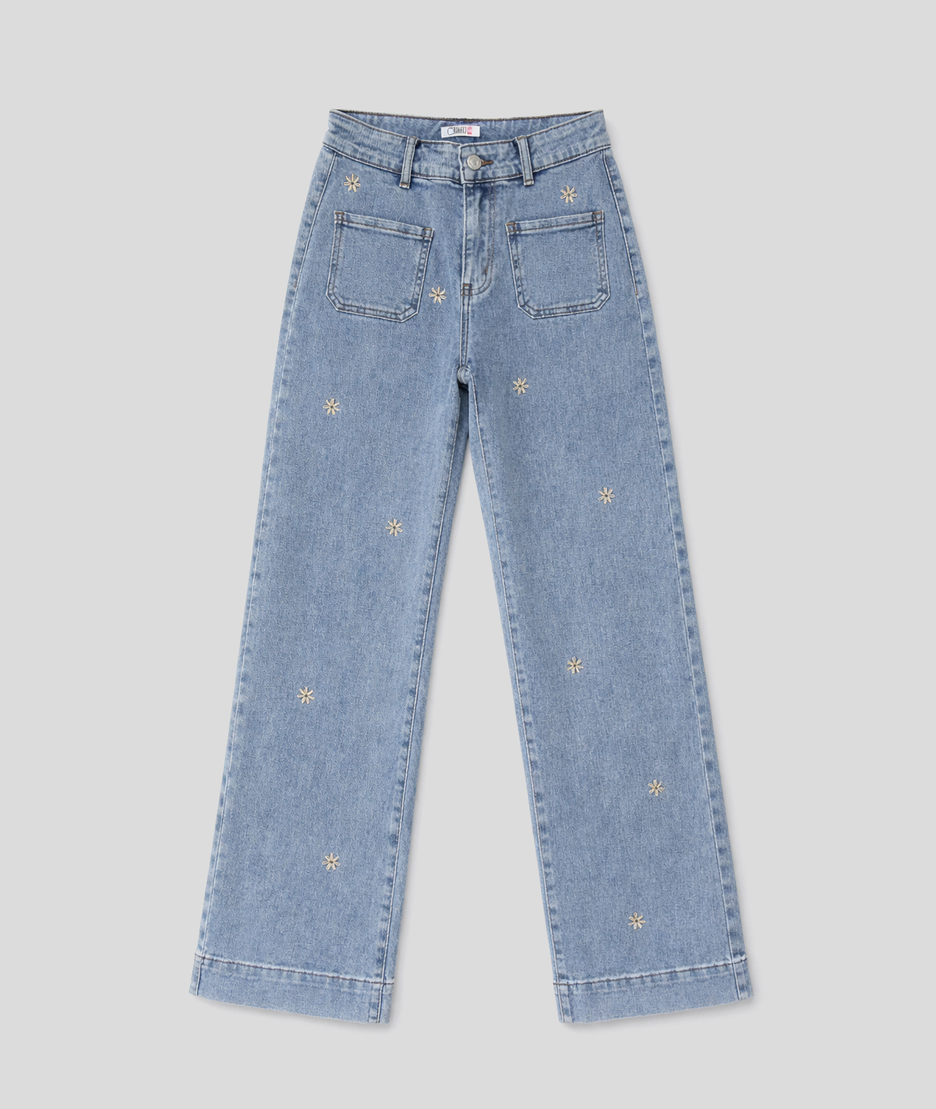Jean Daisy flare taille haute brodé marguerites- jean
